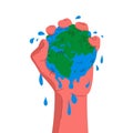 Earth globe in a hand. Vector concept illustration of a hand squeezing the globe. Blue and green planet earth squeezed in a palm.