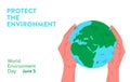 Earth globe in hands. Vector concept illustration of blue and green earth planet globe in two human hands carefully holding it. Royalty Free Stock Photo