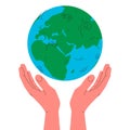 Earth globe in hands. Vector concept illustration of blue and green earth planet globe in two human hands carefully holding it. Royalty Free Stock Photo