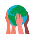 Earth globe in hands. Vector concept illustration of earth planet globe in four different interracial humans hands carefully