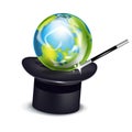 Earth globe in hat and magic wand isolated Royalty Free Stock Photo