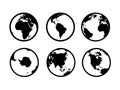 Earth globe icons. World circle map geography internet global commerce tourism vector black symbol set Royalty Free Stock Photo