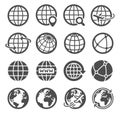 Earth globe icons. Worldwide map spherical planet, geography continent contour, world orbit global communication tourism