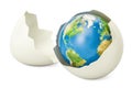 Earth globe inside broken chicken egg, 3D rendering
