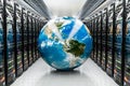 Earth Globe inside data center, server room. Global internet concept, 3D rendering Royalty Free Stock Photo