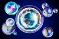 Earth globe inside soap bubble. Environment concept, 3D rendering