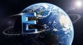 Earth globe with letter E orbiting in space Royalty Free Stock Photo