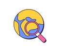 Earth globe and magnifying glass, lens, retro 90s icon. Global search, world internet concept. Magnifier on map planet Royalty Free Stock Photo