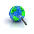 Earth globe with magnifying glass on white Royalty Free Stock Photo