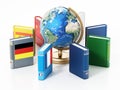 Earth globe model and dictionaries with various flags isolated on white background. 3D illustration