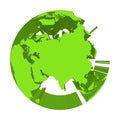 Earth globe model with green extruded lands. Focused on Asia. 3D vector illustration
