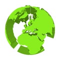Earth globe model with green extruded lands. Focused on Europe. 3D vector illustration