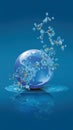 Earth globe model and Molecule Structure with droplet elements floating on water surface. Royalty Free Stock Photo