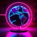 Earth Globe in neon lights on the table. Created with generative AI. Royalty Free Stock Photo