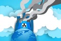 Earth Globe Over Nuclear Energy Plant Or Factory With Smoking Tow And Pipe Background