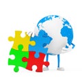 Earth Globe Person Character Mascot with Four Pieces of Colorful Jigsaw Puzzle. 3d Rendering Royalty Free Stock Photo