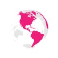 Earth globe with pink world map. Focused on Americas. Flat vector illustration