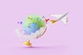 Earth globe with pins and plane takes off on pink background