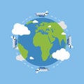 Earth globe with plane. Earth in flat style. Plane flying. Earth. Vector Royalty Free Stock Photo