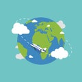 Earth globe with plane. Earth in flat style. Plane flying. Earth. Vector Royalty Free Stock Photo