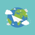 Earth globe with plane. Earth in flat style. Plane flying. Earth. Vector Royalty Free Stock Photo