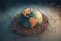 Earth globe planet with many people around. Overcrowded Earth. Overpopulation concept. Generative AI