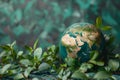 Concept Ecological theme, Earth globe with plants copy space ecological theme blue background Royalty Free Stock Photo