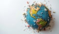 Earth globe with scattered waste around, white background, space for text. Ecology problem, World Environment Day concept. Earth Royalty Free Stock Photo