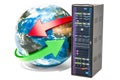 Earth Globe with server rack. Global network concept, 3D rendering Royalty Free Stock Photo