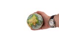 Earth globe shows continent asia in a human hand and the watch shows high time