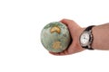 Earth globe shows continent australia in a human hand and the watch shows high time