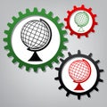 Earth Globe sign. Vector. Three connected gears with icons at gr