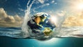 Earth Globe Sinking with Splashes in Sea Water - Generative Ai Royalty Free Stock Photo