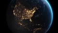 Earth Globe From Space Shot, Flying over North America at Night,isolated on Black Background, Full HD