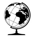 Earth globe spherical model - world map with continents on planet Earth, black and white vector illustration