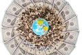 Earth globe and sunflower husk on mandala kaleidoscope from money Royalty Free Stock Photo