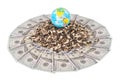 Earth globe and sunflower husk on mandala kaleidoscope from money Royalty Free Stock Photo