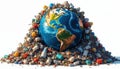 Earth globe surrounded by plastic pollution rubbish debris. Ecological disaster concept. Recycle ecosystem problems. Urgent call Royalty Free Stock Photo