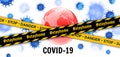 Earth globe with viruses and caution barrier tapes. Dangerous pandemic COVID-19 coronavirus outbreak. Stay at home. Vector