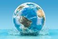 Earth Globe with water splash on the blue background, 3D rendering