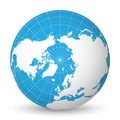 Earth globe with white world map and blue seas and oceans focused on Arctic Ocean and North Pole. With thin white