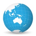 Earth globe with white world map and blue seas and oceans focused on Australia. With thin white meridians and parallels Royalty Free Stock Photo