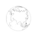 Earth globe wireframe. Focused on Asia. Vector illustration of black stroke on white background Royalty Free Stock Photo