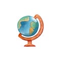 Earth globe on wooden stand, watercolor clipart on white background. School accessories hand-drawn illustration. Back to school Royalty Free Stock Photo