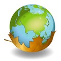Earth globes on leaf on white background