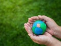 Earth in hands and green grass field background. environment sav Royalty Free Stock Photo