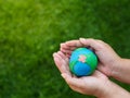 Earth in hands and green grass field background. environment sav Royalty Free Stock Photo