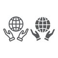 Earth in hands line and glyph icon, ecology and globe, planet in arms sign, vector graphics, a linear pattern on a white