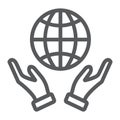Earth in hands line icon, ecology and globe, planet in arms sign, vector graphics, a linear pattern on a white Royalty Free Stock Photo