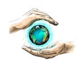 Earth between hands representing environment conservation, hand drawn Royalty Free Stock Photo
